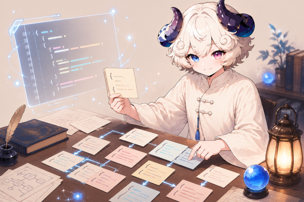 JSON形式でプロンプトを整理する羊さんキャラのイラスト