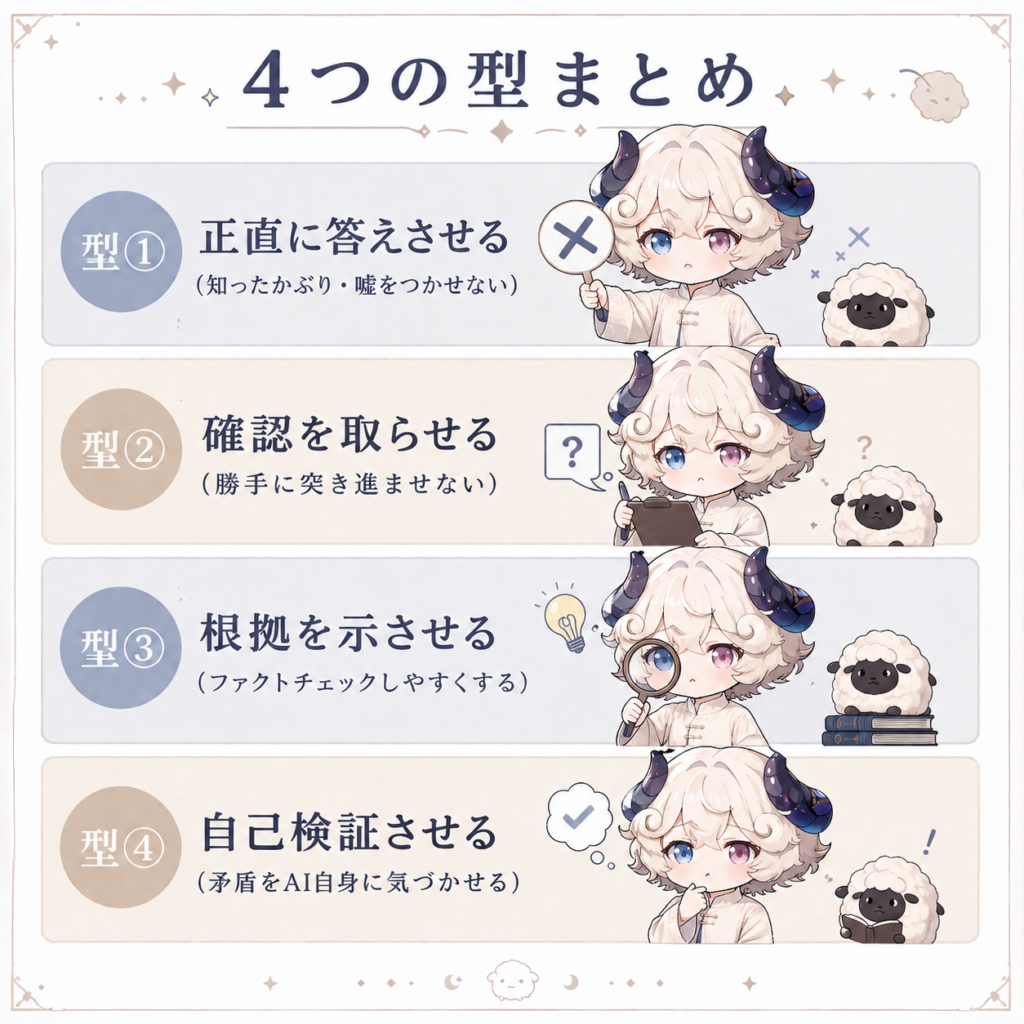 プロンプト 書き方
AIハルシネーション対策プロンプト4つの型の図解