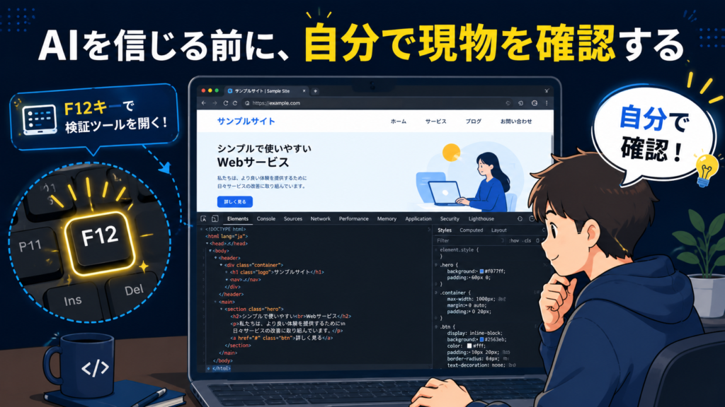 F12キーでブラウザの検証ツールを開きHTMLソースを確認している画面