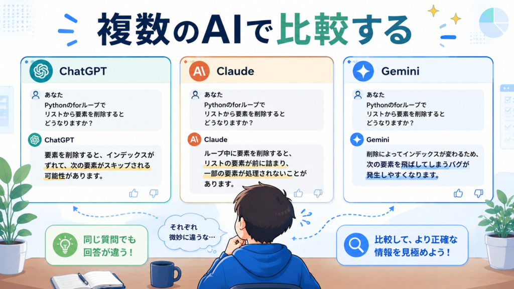 複数のAIツールを比較しながら回答を確認している作業イメージイラスト